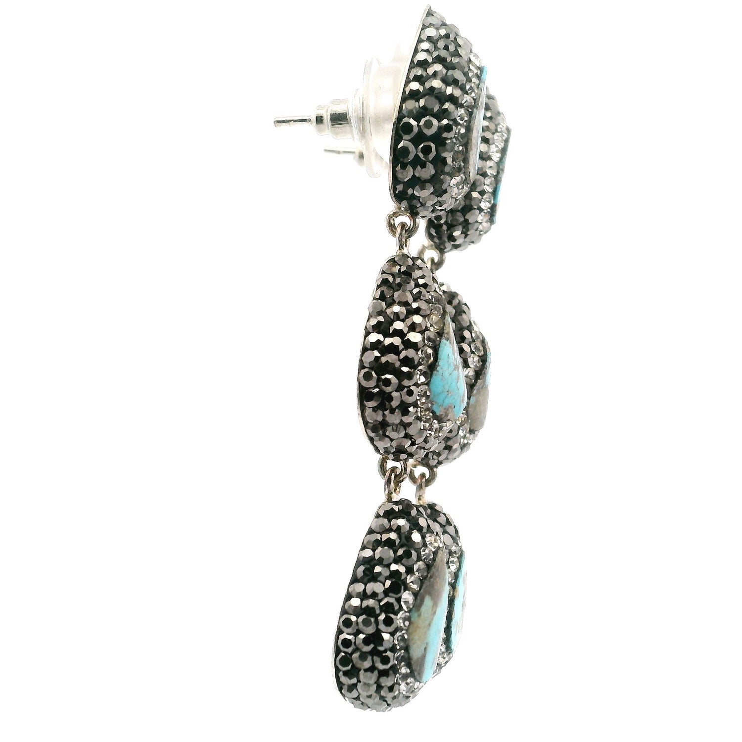 Persian Turquoise Dangle Earrings On-post - 3 Pears With Marcasite & Silver Crystals