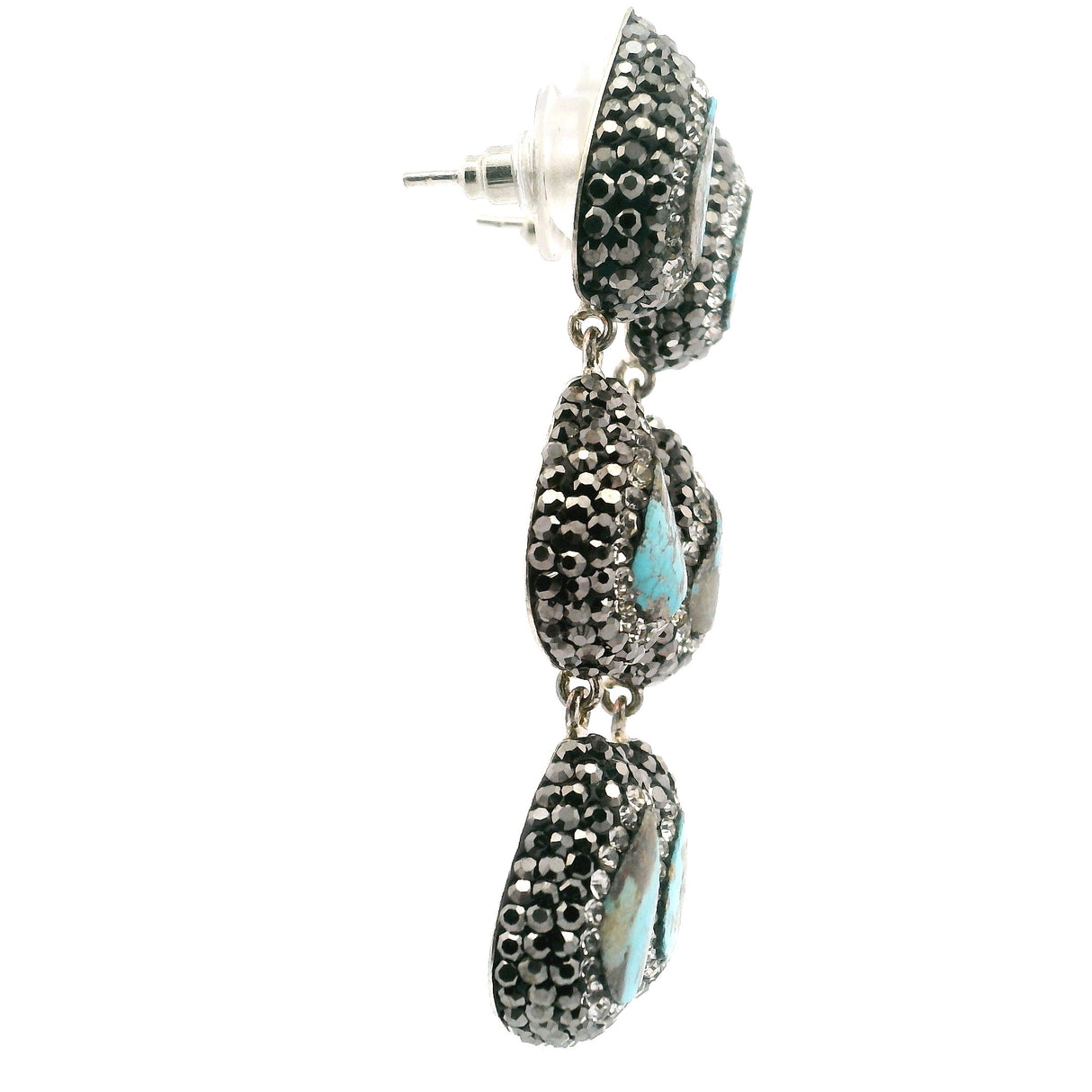 Persian Turquoise Dangle Earrings On-post - 3 Pears With Marcasite & Silver Crystals