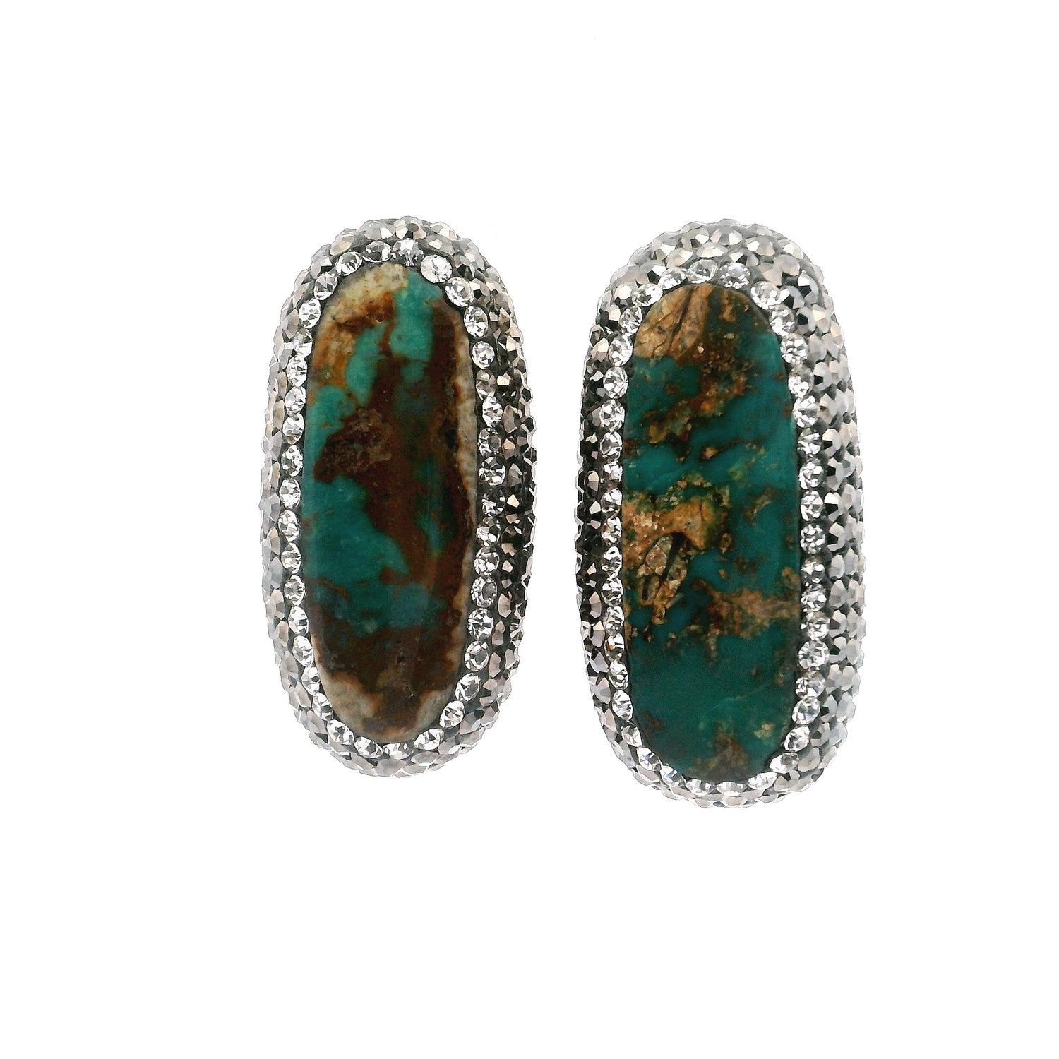 Persian Turquoise Stud Earrings - Elongated Narrow Oval Cabochon With Marcasite & Silver Crystal Pave Bezel