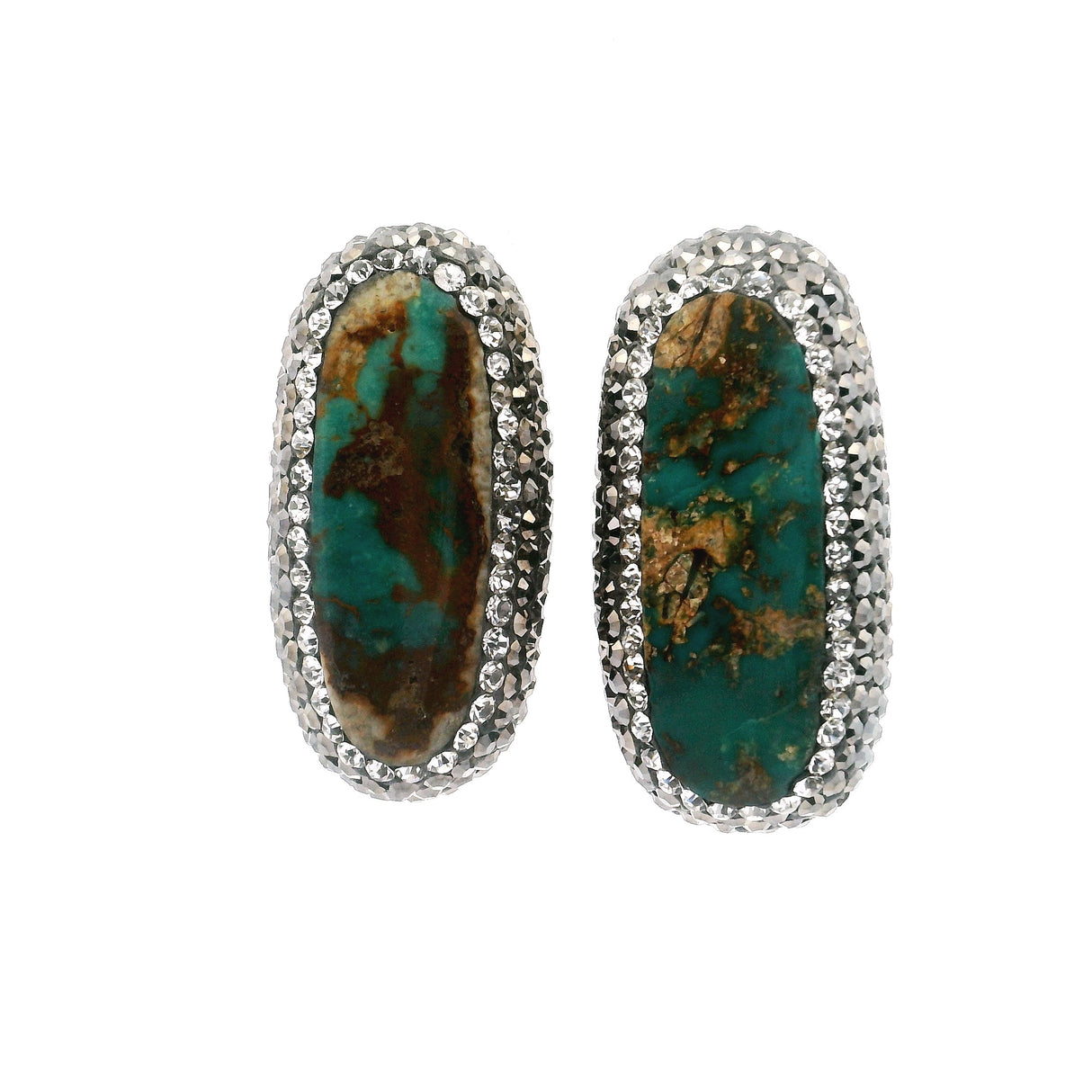 Persian Turquoise Stud Earrings - Elongated Narrow Oval Cabochon With Marcasite & Silver Crystal Pave Bezel