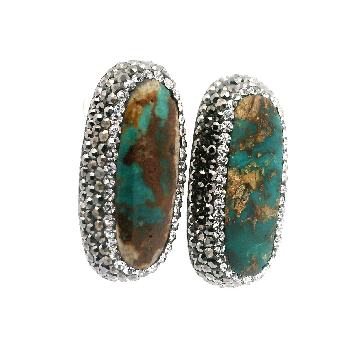 Persian Turquoise Stud Earrings - Elongated Narrow Oval Cabochon With Marcasite & Silver Crystal Pave Bezel