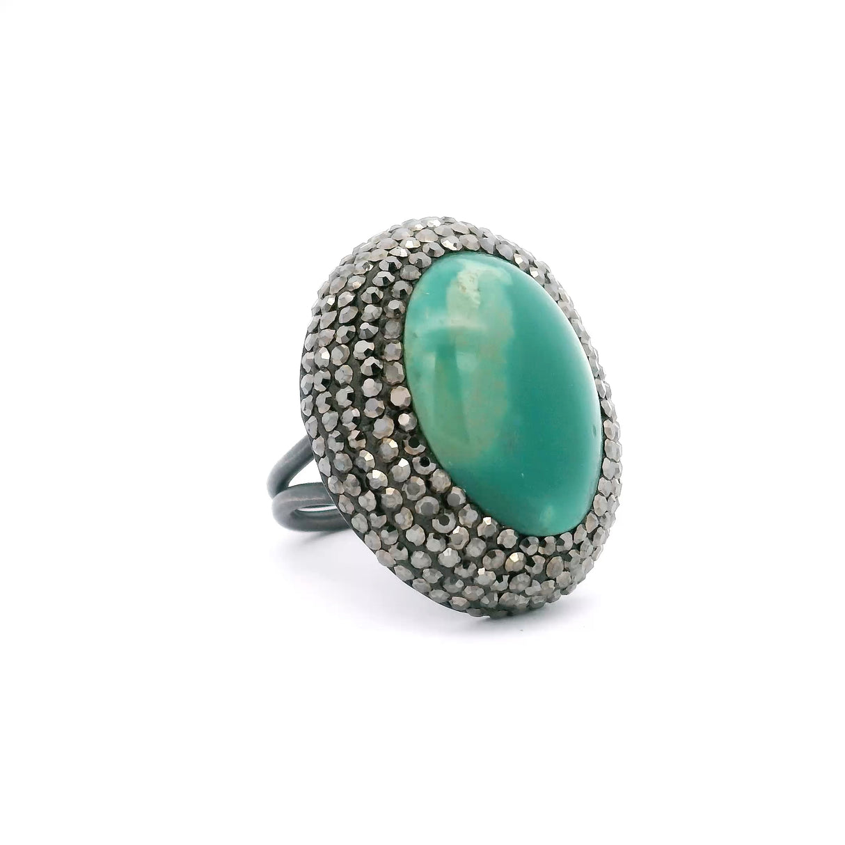 Persian Turquoise Ring -Gemmy Teal Blue Oval With Marcasite & Adjustable Double Band