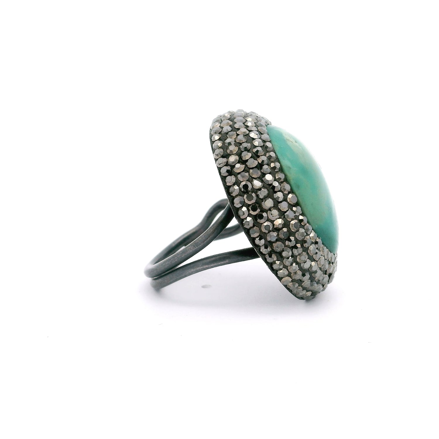 Persian Turquoise Ring -Gemmy Teal Blue Oval With Marcasite & Adjustable Double Band