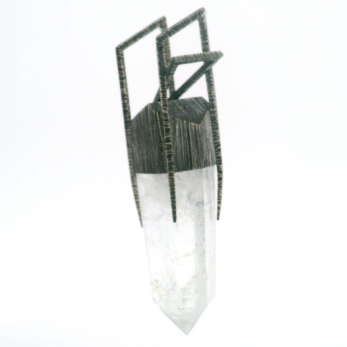 Quartz Crystal Point Pendant in Lantern Bezel Set Oxidized 925 Sterling Silver & H Bridge Bail Design - Organic Shape
