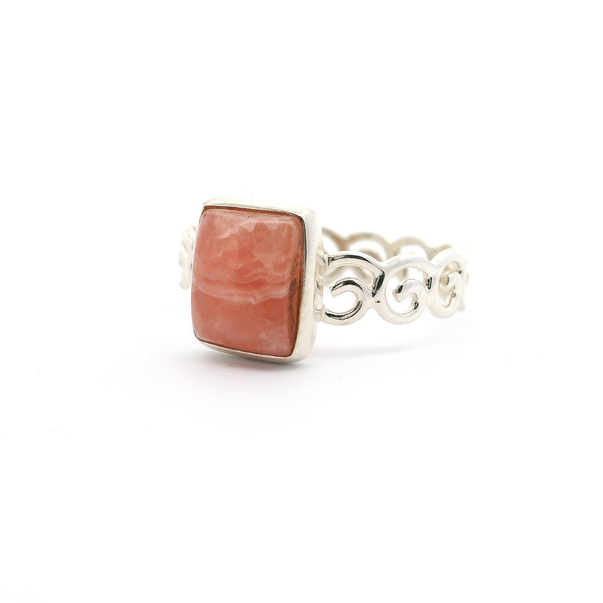 Rhodochrosite Rectangle Ring with Mini-Spirals Band Bezel Set in 925 Sterling Silver sz9