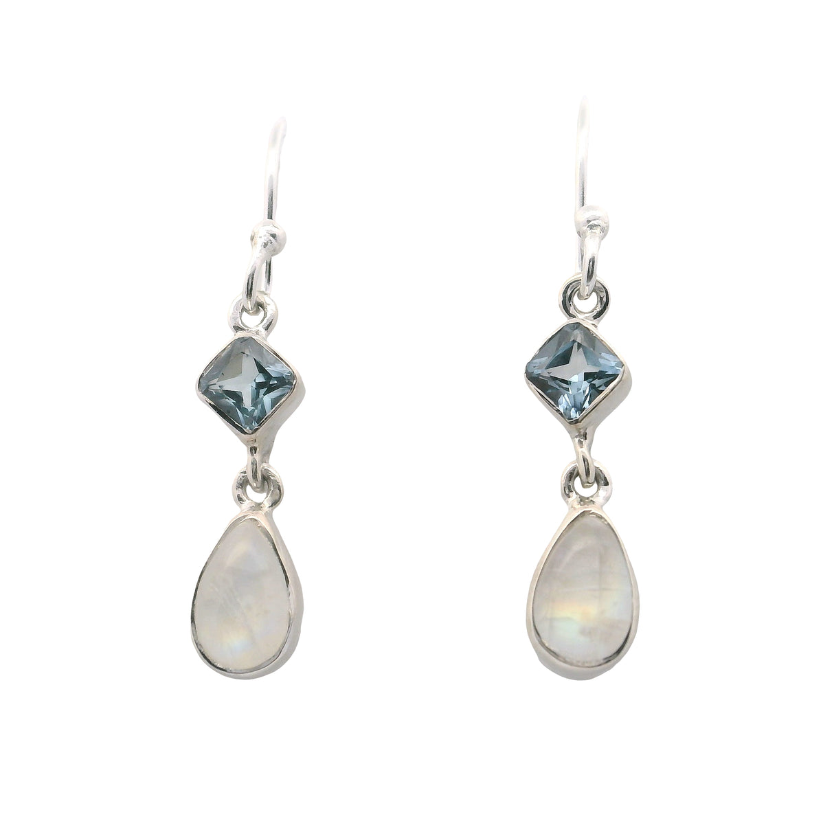 Rainbow Moonstone Pear Dangle Earrings with Faceted Blue Topaz
