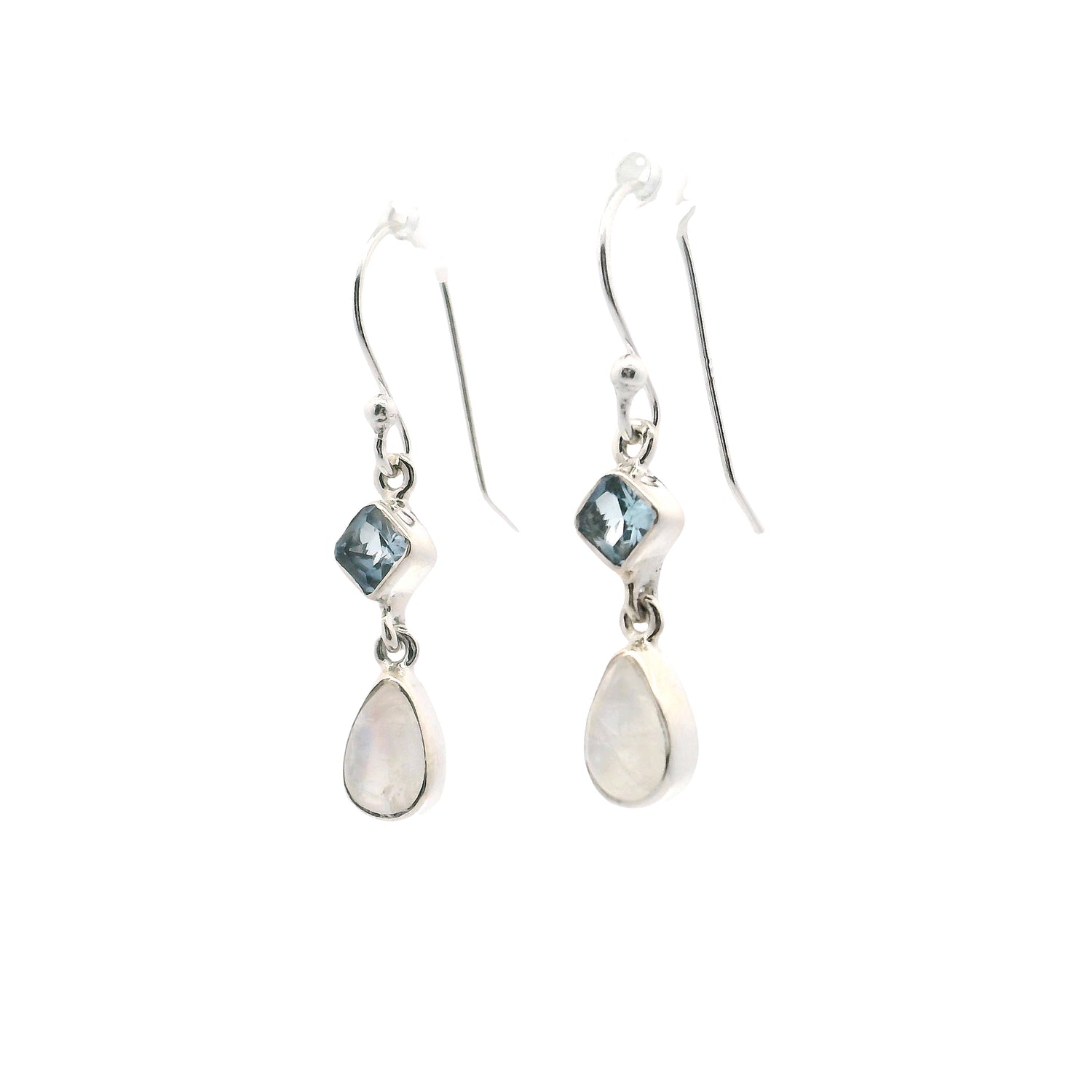 Rainbow Moonstone Pear Dangle Earrings with Faceted Blue Topaz