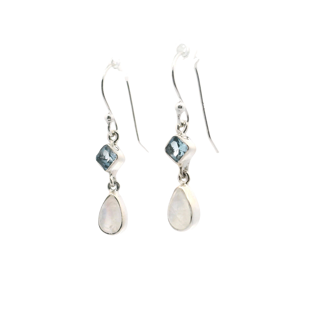 Rainbow Moonstone Pear Dangle Earrings with Faceted Blue Topaz