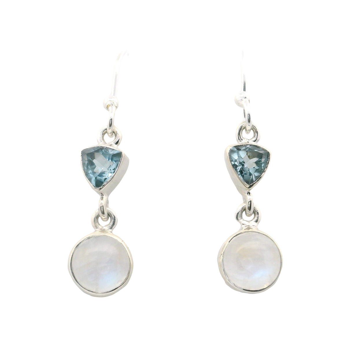 Rainbow Moonstone Round Dangle Earrings with Faceted Trillion Blue Topaz
