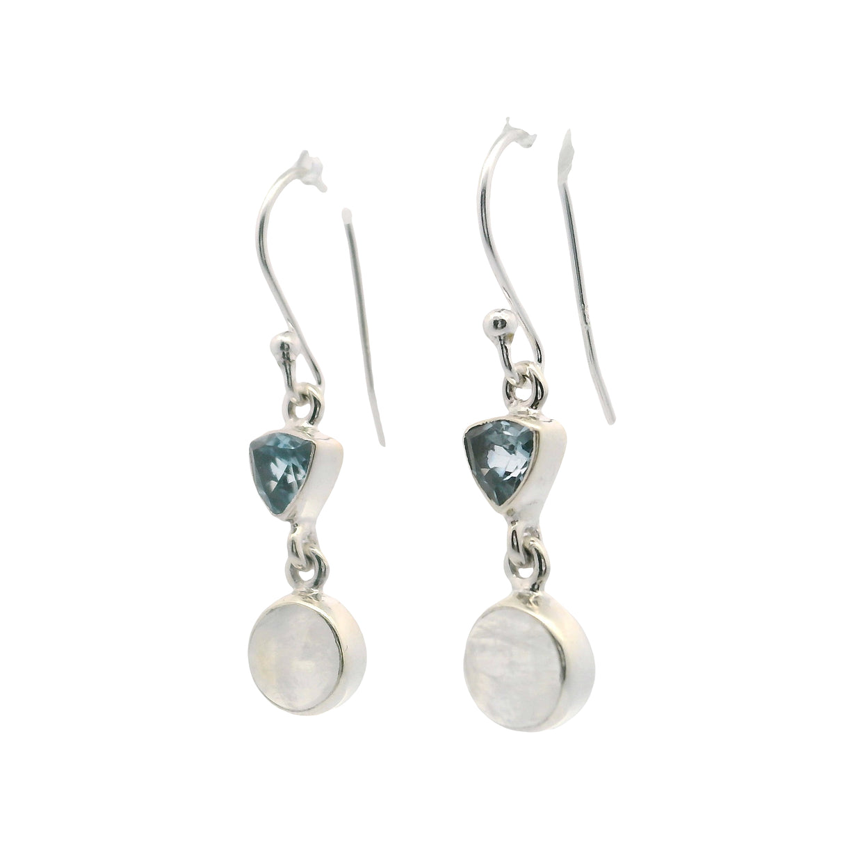 Rainbow Moonstone Round Dangle Earrings with Faceted Trillion Blue Topaz