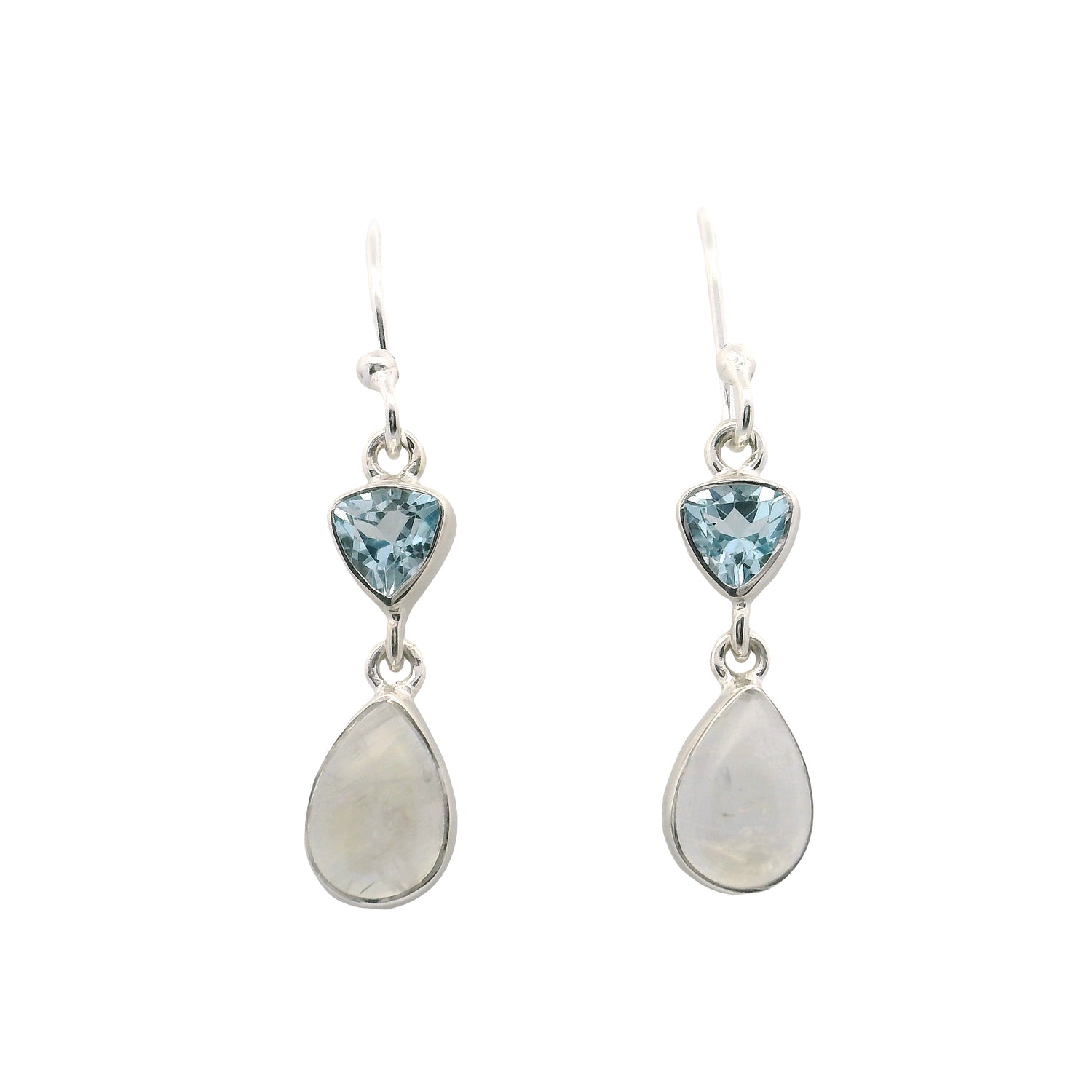 Rainbow Moonstone Pear Dangle Earrings with Faceted Trillion Blue Topaz