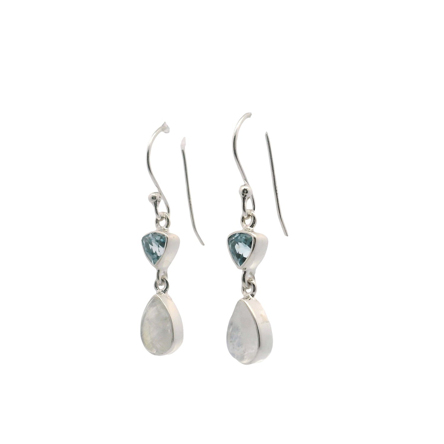Rainbow Moonstone Pear Dangle Earrings with Faceted Trillion Blue Topaz