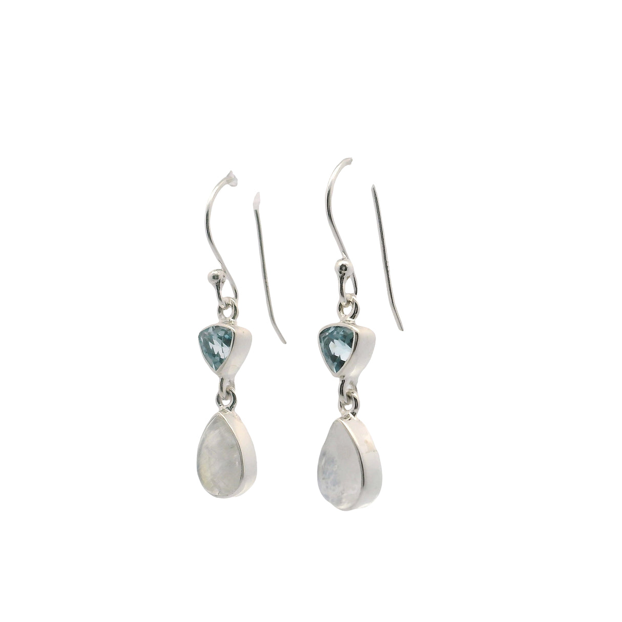 Rainbow Moonstone Pear Dangle Earrings with Faceted Trillion Blue Topaz