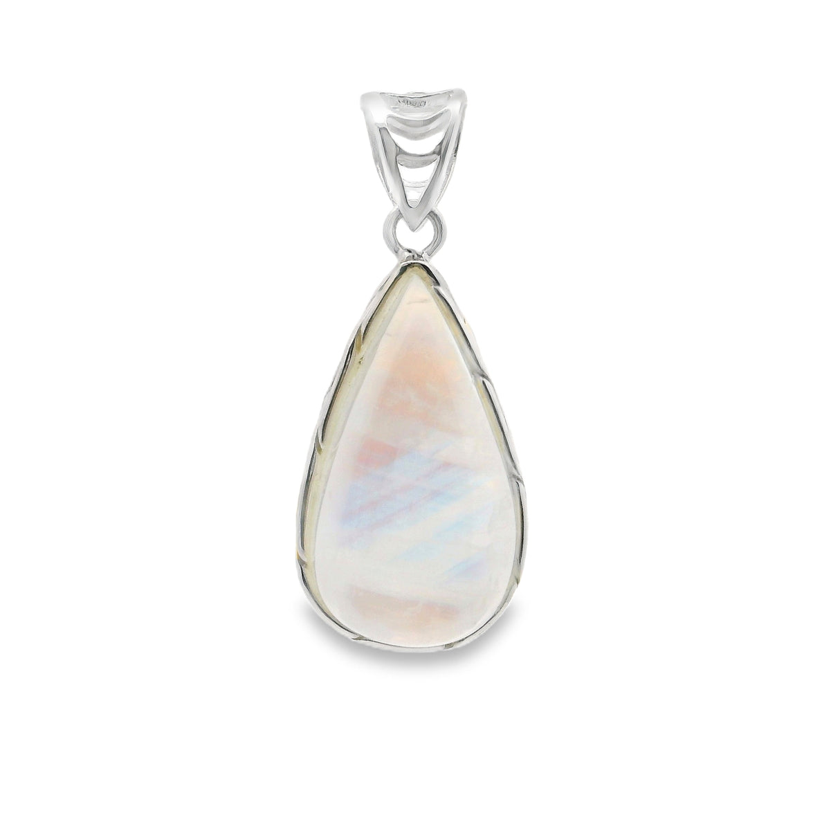 Pendentif goutte de pierre de lune arc-en-ciel avec bords ondulés en argent sterling 925 et bélière fantaisie