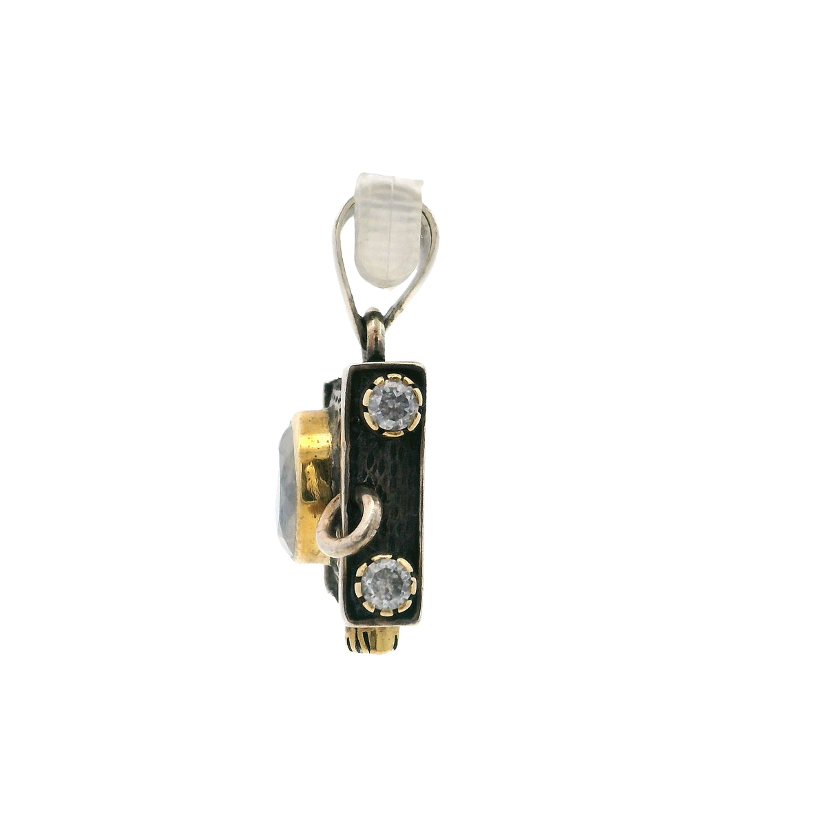 Pendentif Pierre de Lune Arc-en-ciel - Rond Facetté dans un Carré Oxydé avec Zirconiums & Vermeil Or