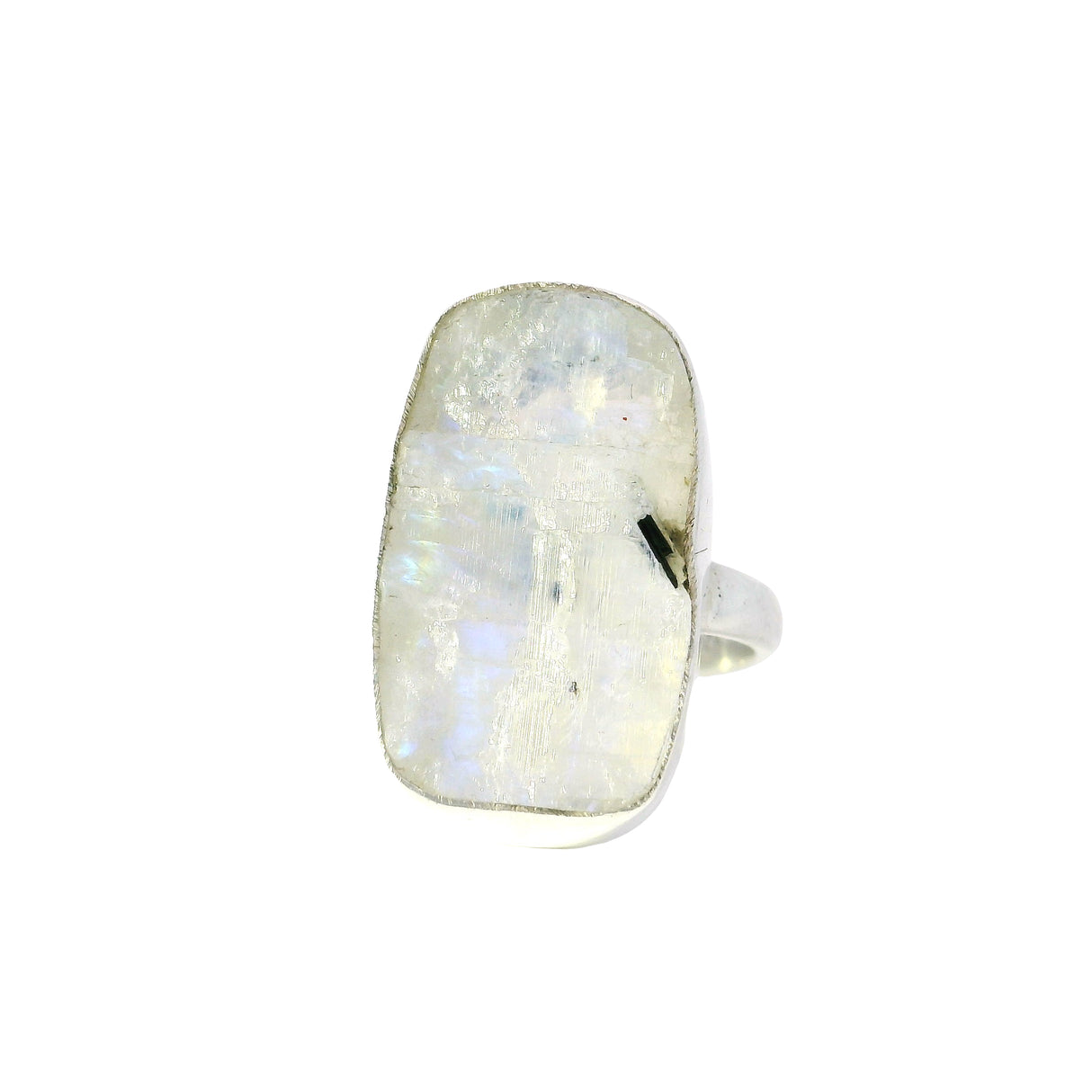 Rainbow Moonstone Ring - Rough Narrow Rectangle With Silver Bezel & Light Blue With Dark Blue Shifts Sz5