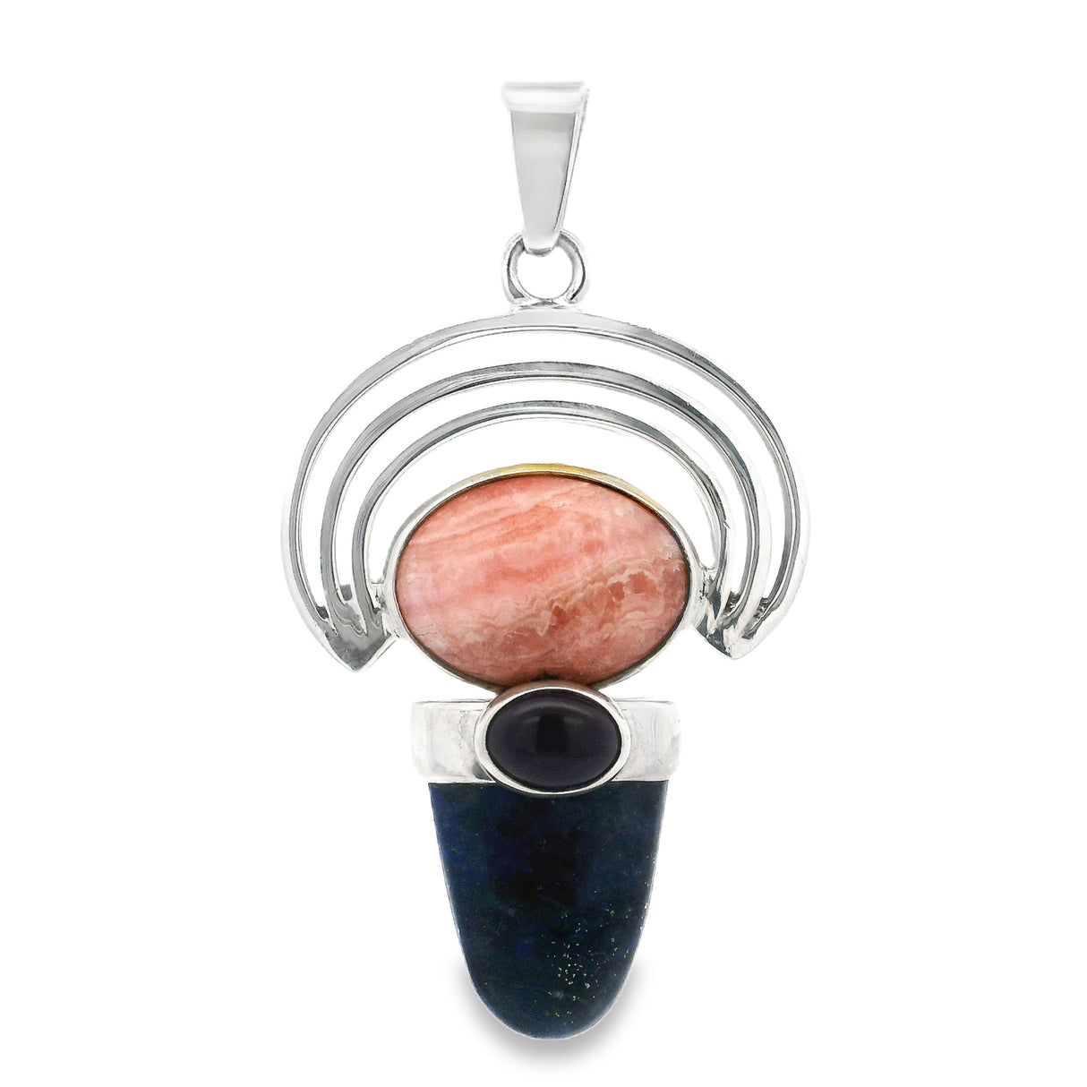 Rhodochrosite Pendant - Oval Cabochon with Lapis Lazuli Lantern Gemstone & Oval Amethyst Radial Silver Half Circle Trio
