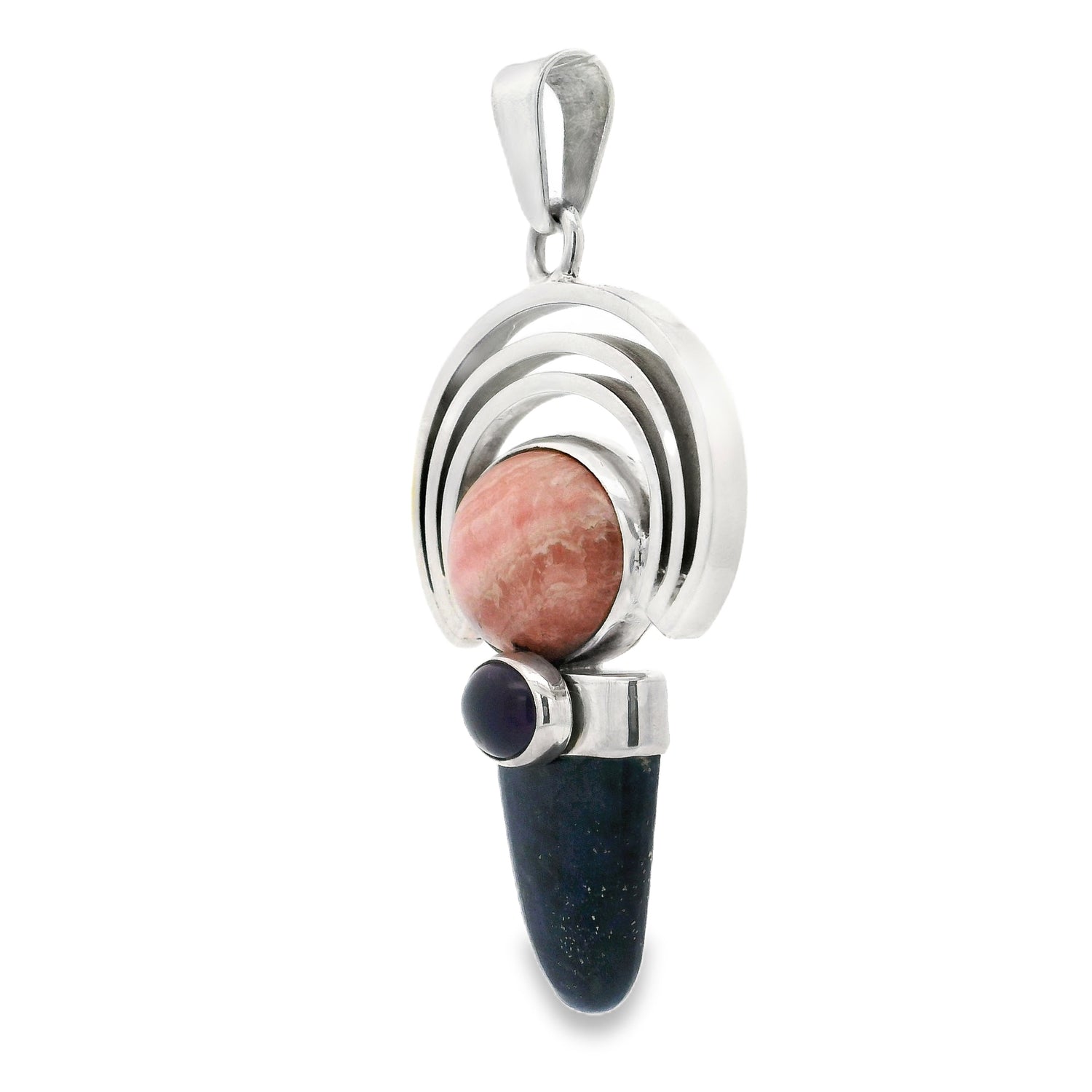 Rhodochrosite Pendant - Oval Cabochon with Lapis Lazuli Lantern Gemstone & Oval Amethyst Radial Silver Half Circle Trio