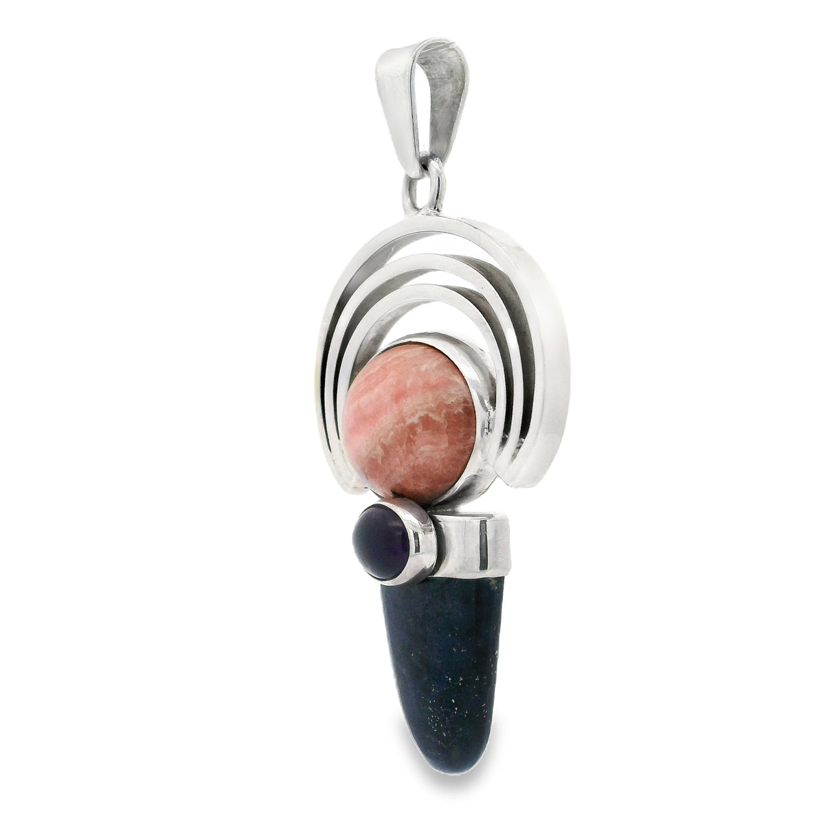 Rhodochrosite Pendant - Oval Cabochon with Lapis Lazuli Lantern Gemstone & Oval Amethyst Radial Silver Half Circle Trio