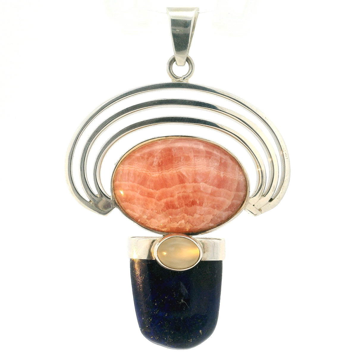 Rhodochrosite Pendant - Oval Cabochon With Lapis Lazuli Lantern Cabochon & Layered Silver Half Circle Trio