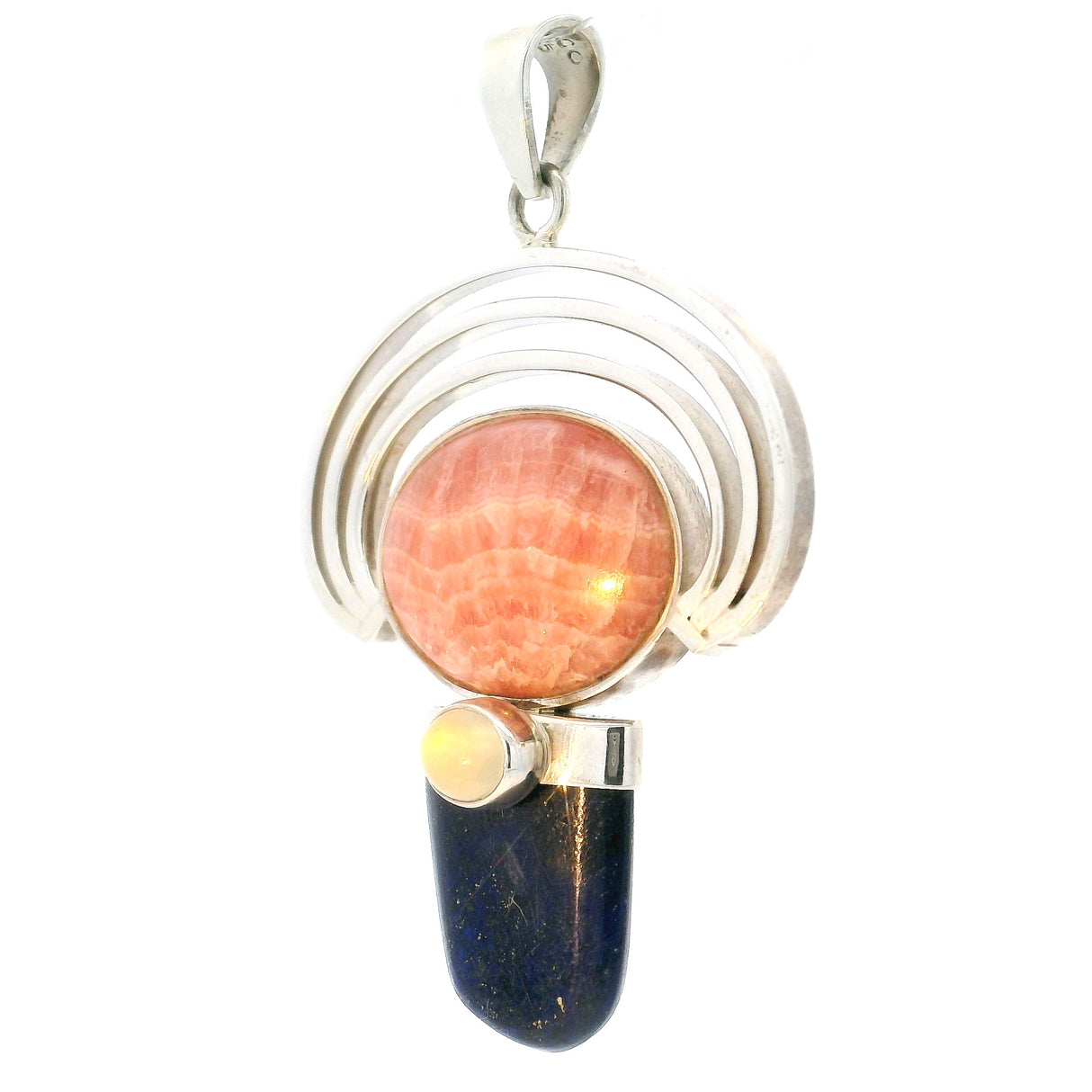 Rhodochrosite Pendant - Oval Cabochon With Lapis Lazuli Lantern Cabochon & Layered Silver Half Circle Trio