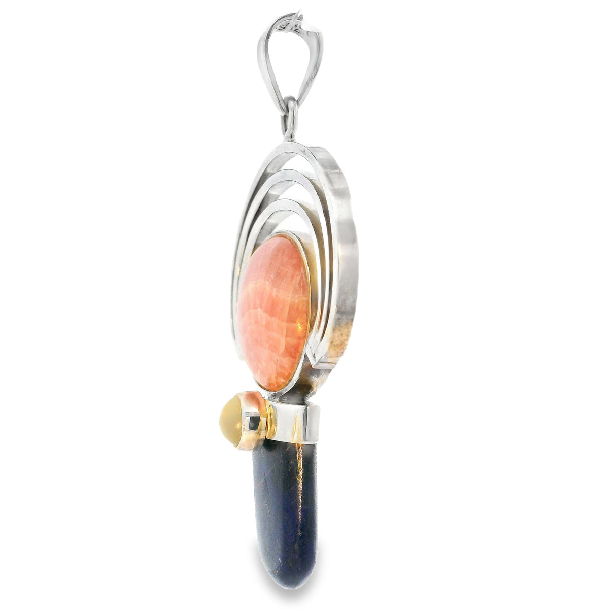 Rhodochrosite Pendant - Oval Cabochon With Lapis Lazuli Lantern Cabochon & Layered Silver Half Circle Trio