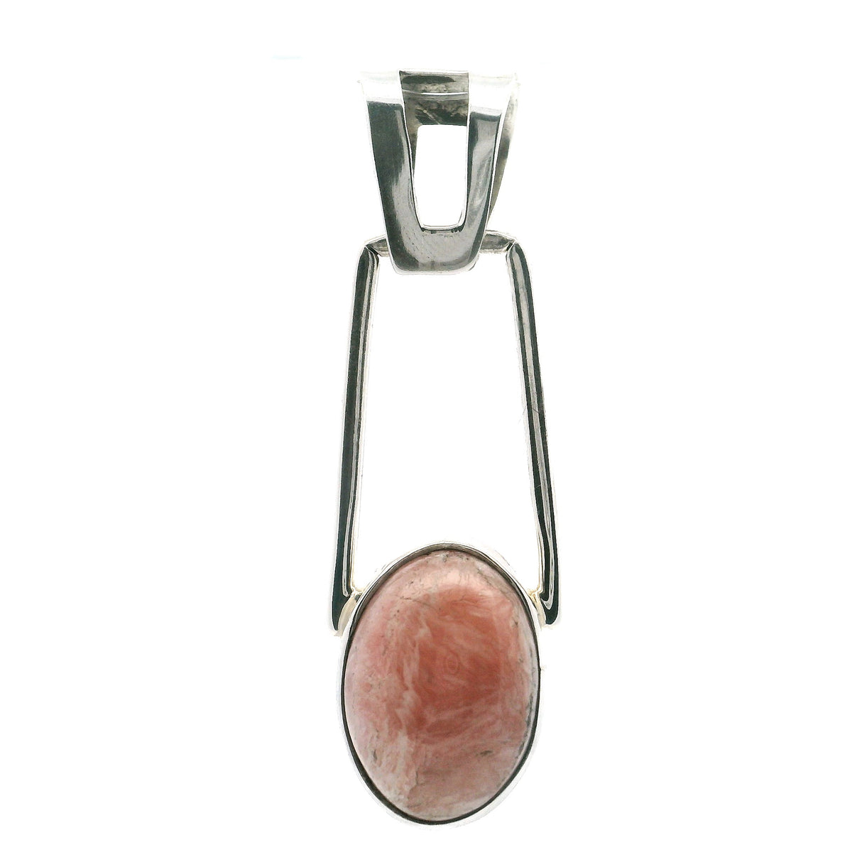 Rhodochrosite Pendant - Bar Set Oval Cabochon With Silver Bezel & Cutout Bail