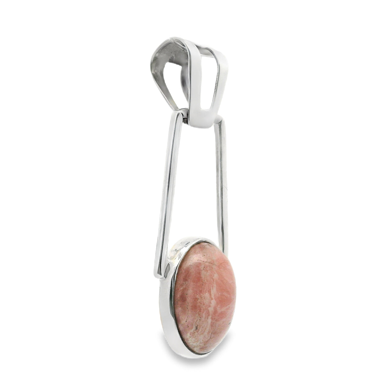 Rhodochrosite Pendant - Bar Set Oval Cabochon With Silver Bezel & Cutout Bail