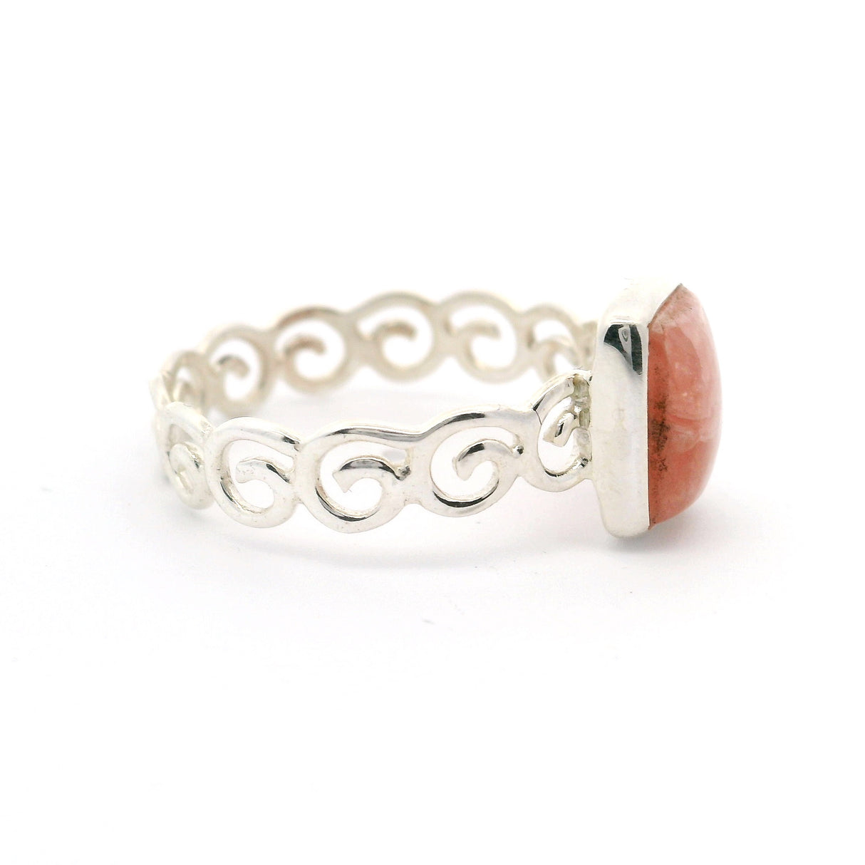 Rhodochrosite Rectangle Ring with Mini-Spirals Band Bezel Set in 925 Sterling Silver sz9
