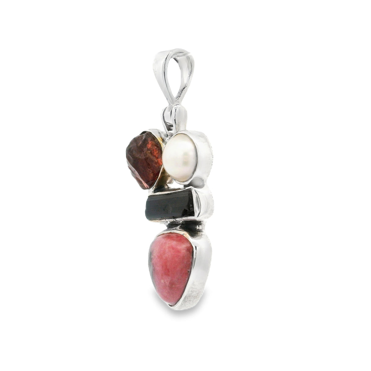 Rhodonite Pendant - Rounded Triangle Cabochon With Green Tourmaline Beryl & Garnet Nugget & Freshwater Pearl