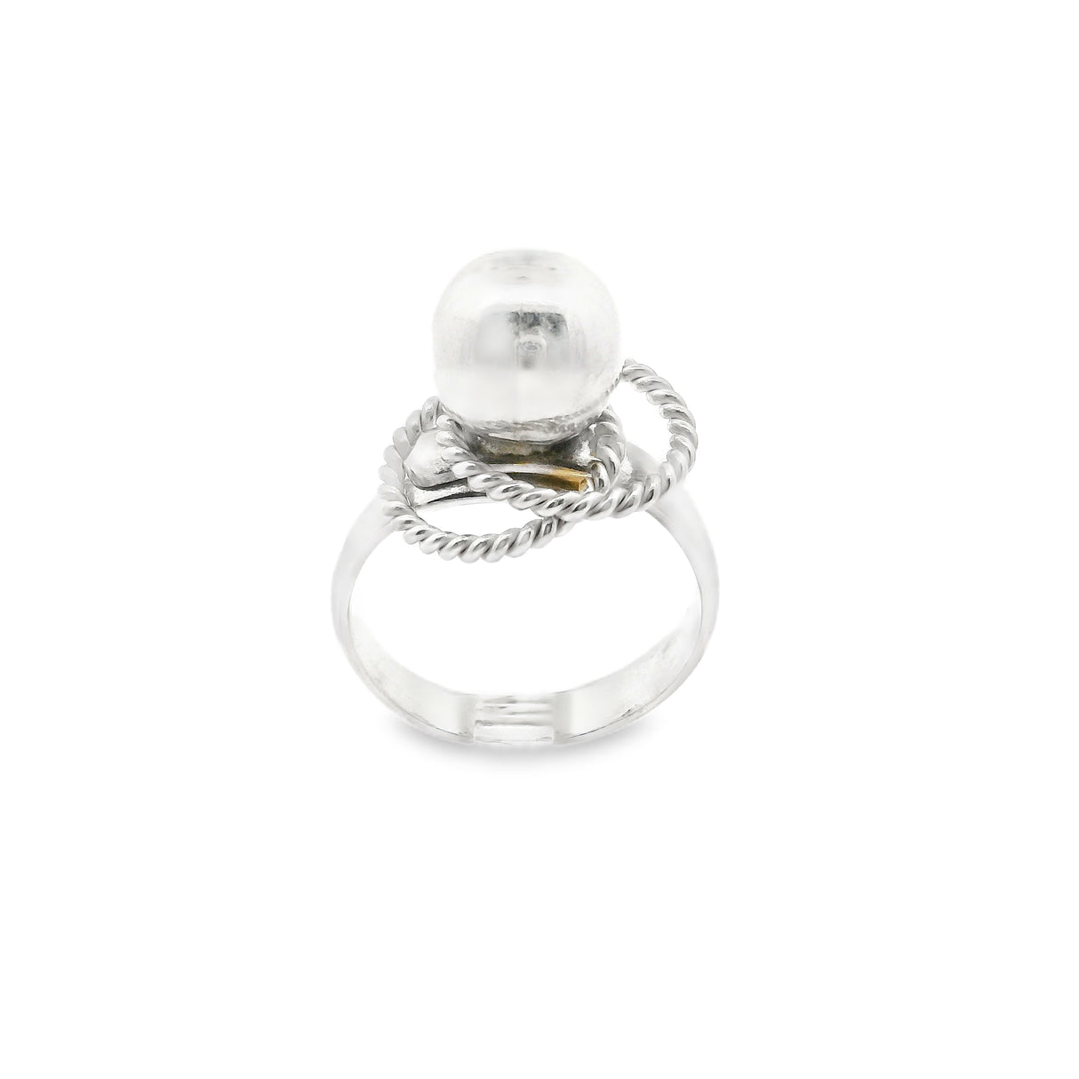 Sterling silver bead ring featuring two rope surrounds, adjustable size, with a polished finish.