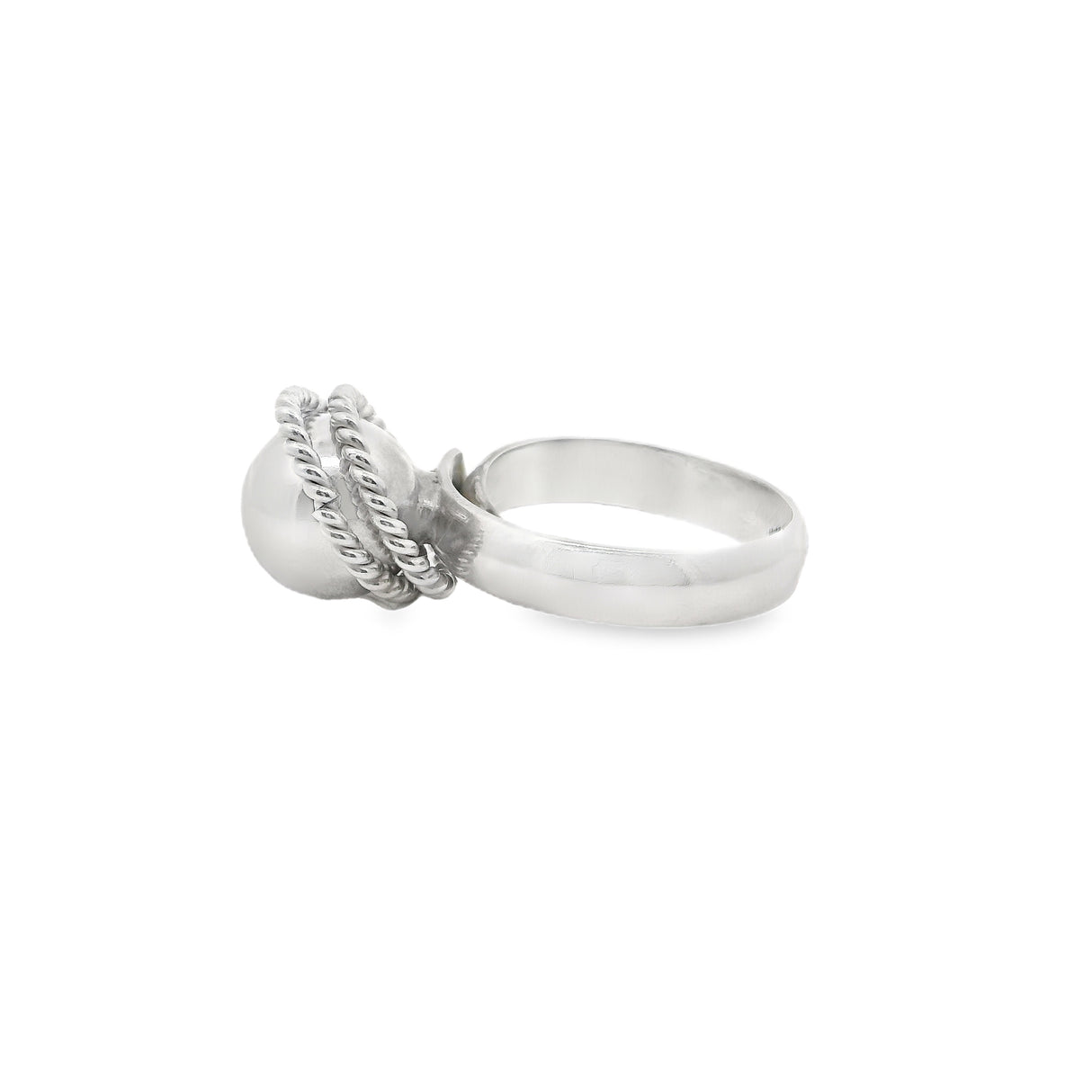 Sterling silver bead ring with two rope surrounds, adjustable size, shown from a side angle.