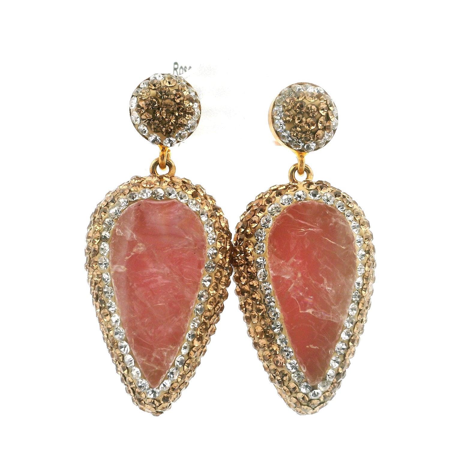 Rose Quartz Dangle Earrings - Rough Pear with Gold & Silver Swarovski Crystals in Gold Vermeil over 925 Sterling Silver