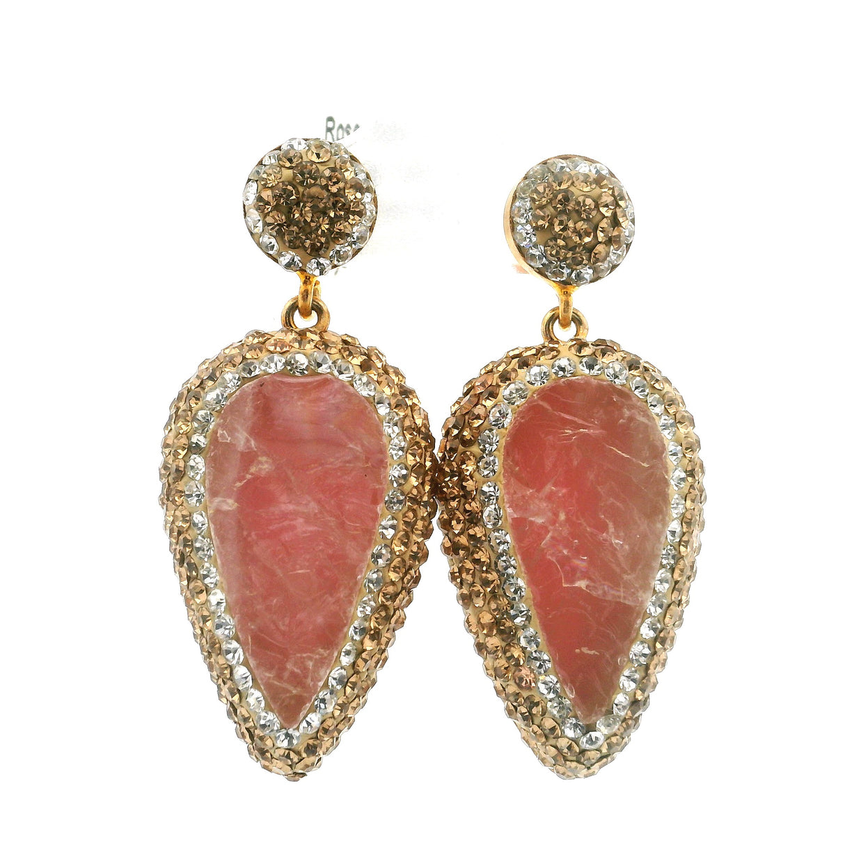 Rose Quartz Dangle Earrings - Rough Pear with Gold & Silver Swarovski Crystals in Gold Vermeil over 925 Sterling Silver