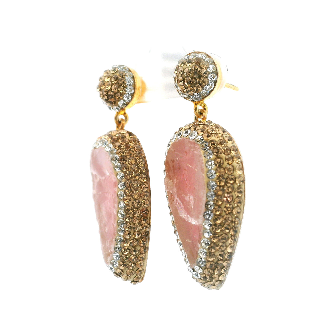 Rose Quartz Dangle Earrings - Rough Pear with Gold & Silver Swarovski Crystals in Gold Vermeil over 925 Sterling Silver