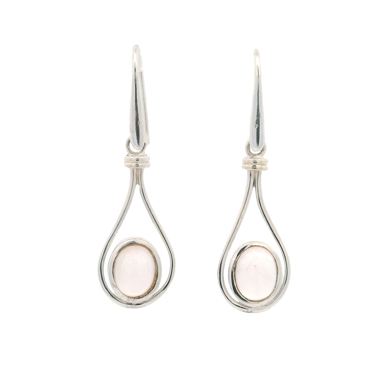 Rose Quartz Oval Dangle Earrings Bezel Set in Vase Setting of 925 Sterling Silver