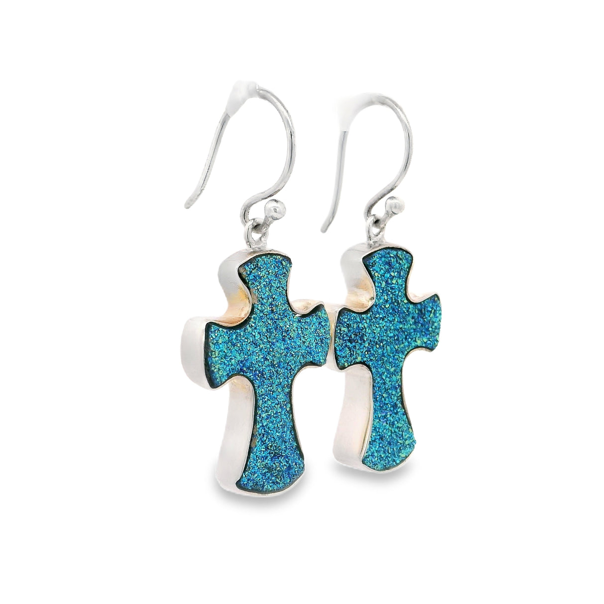 Boucles d'oreilles pendantes Druze en titane arc-en-ciel – Croix effilée simple avec monture argentée – Teintes vertes et bleues