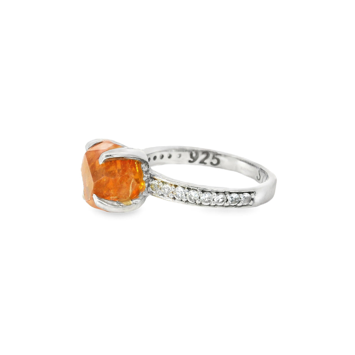 Garnet Ring - Natural Mandarin Garnet - Prong Set On Silver Band Set With White Topaz Rounds - Rhodium Plated Sz7