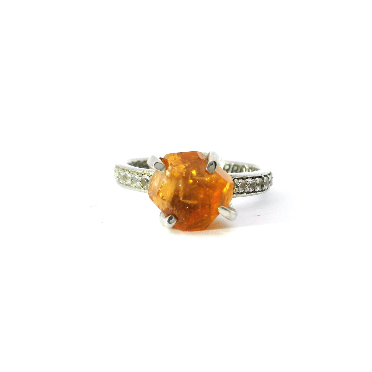 Garnet Ring - Natural Mandarin Garnet - Prong Set On Silver Band Set With White Topaz Rounds - Rhodium Plated Sz7