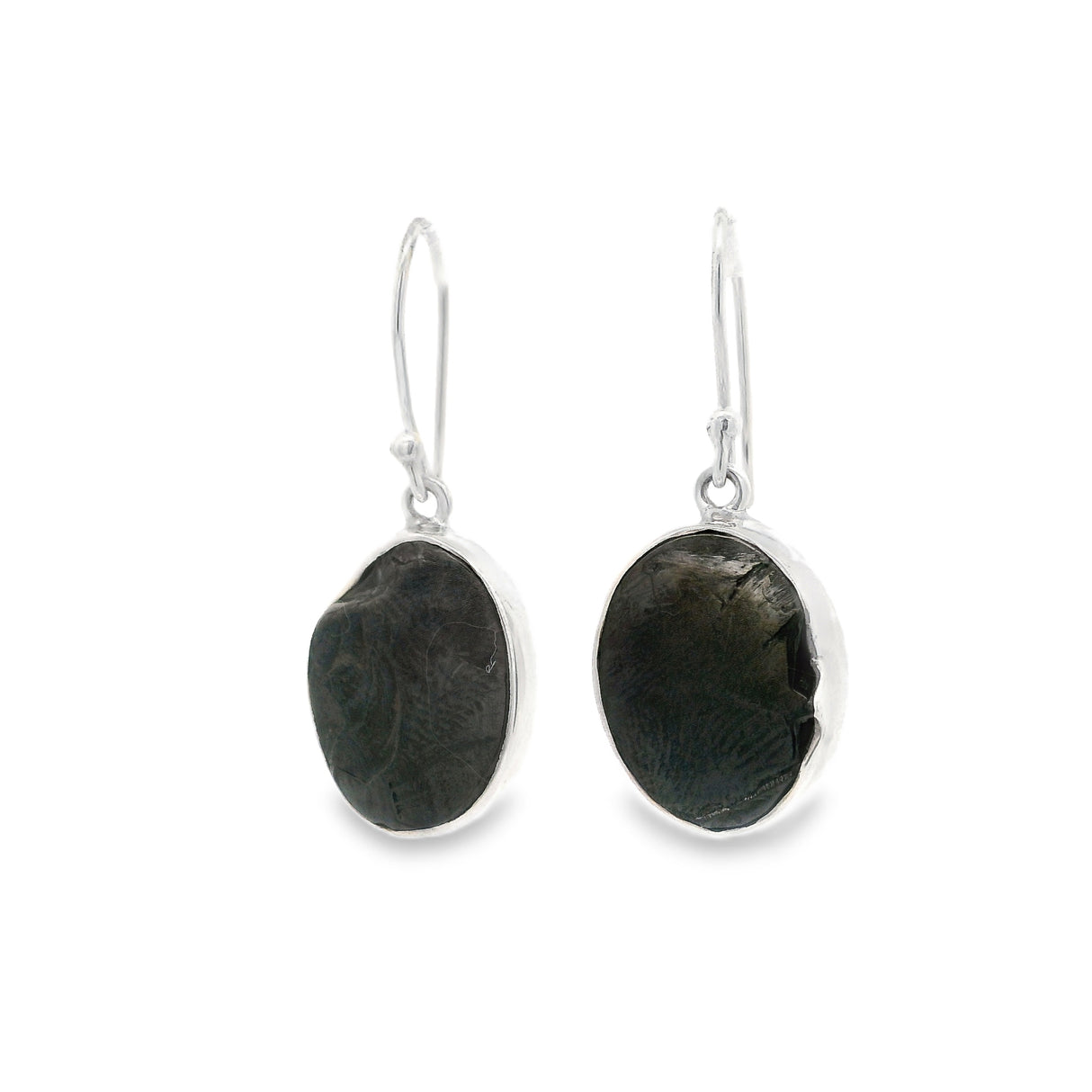 Shungite Dangle Earrings - Rough Oval With Silver Bezel