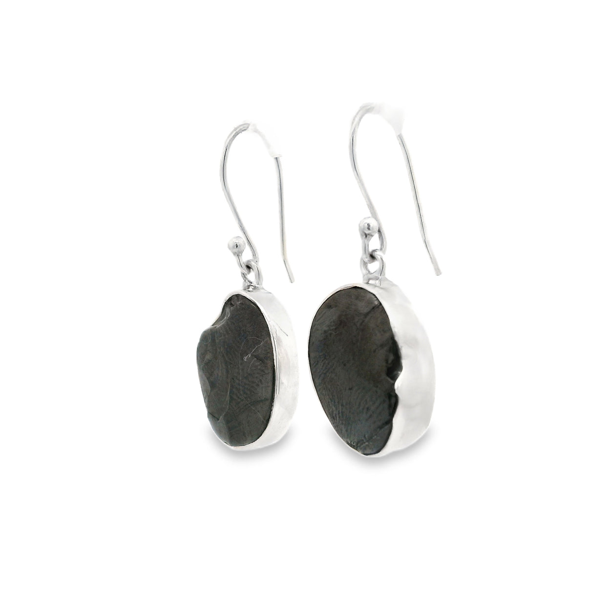 Shungite Dangle Earrings - Rough Oval With Silver Bezel