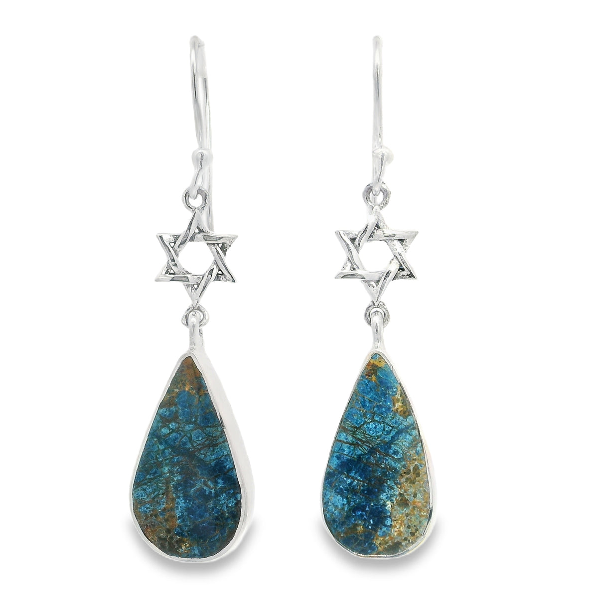 Shattuckite Chrysocolla Flat Cabochon Dangle Earrings in Simple Silver Bezel