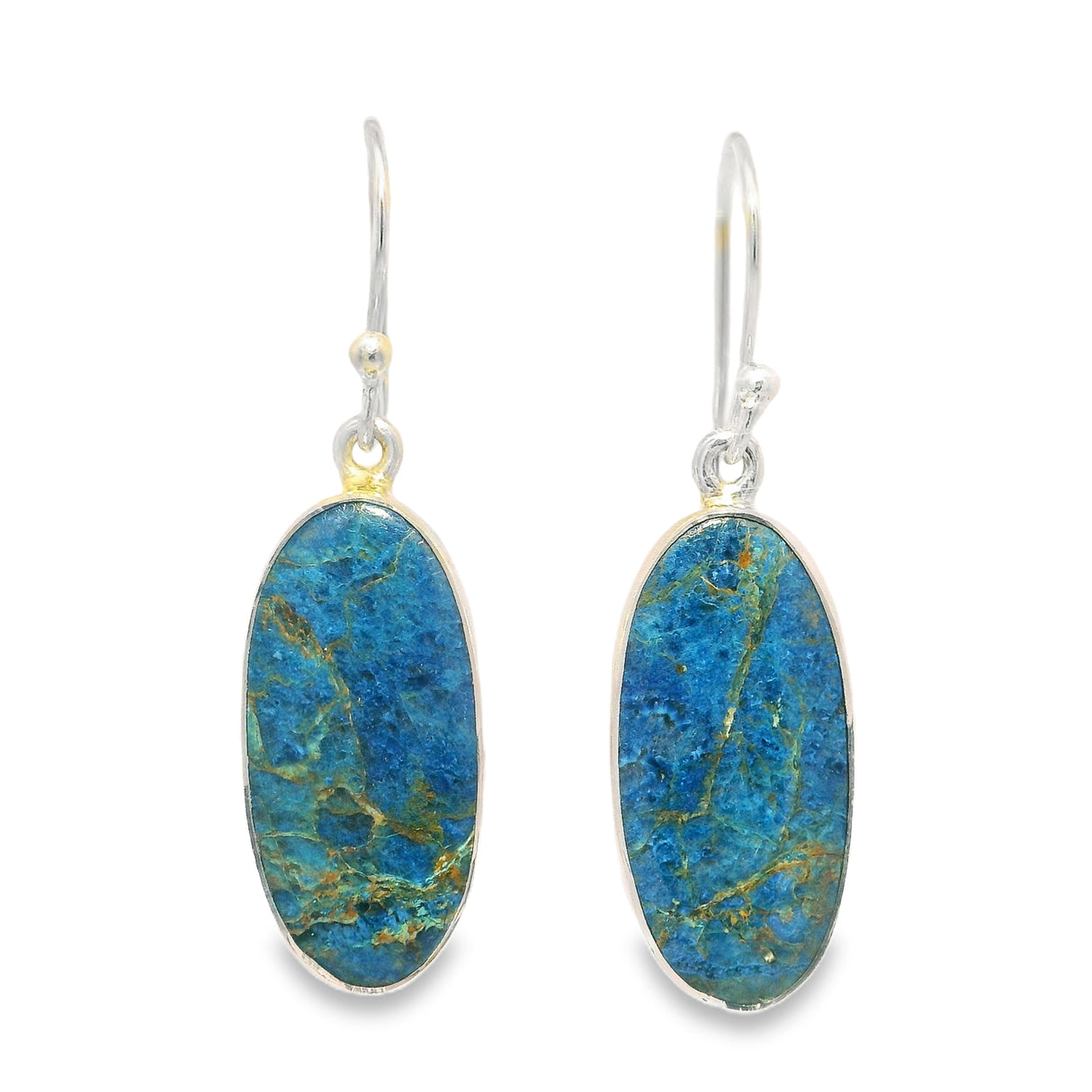 Shattuckite Chrysocolla Flat Cabochon Dangle Earrings in Simple Silver Bezel