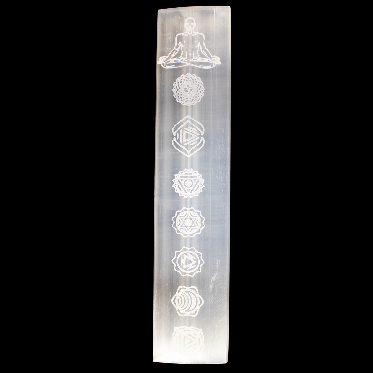 Selenite Bar With Engraved Chakra Symbols And Criss Cross Pose