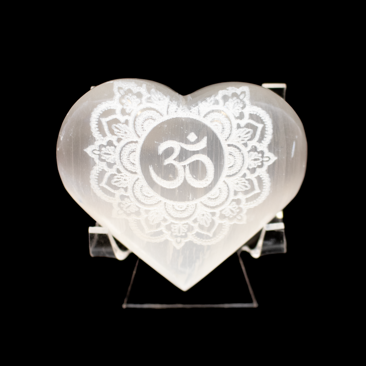 Selenite Heart with Engraved Om Symbol & Flower of Life - Sacred Geometry