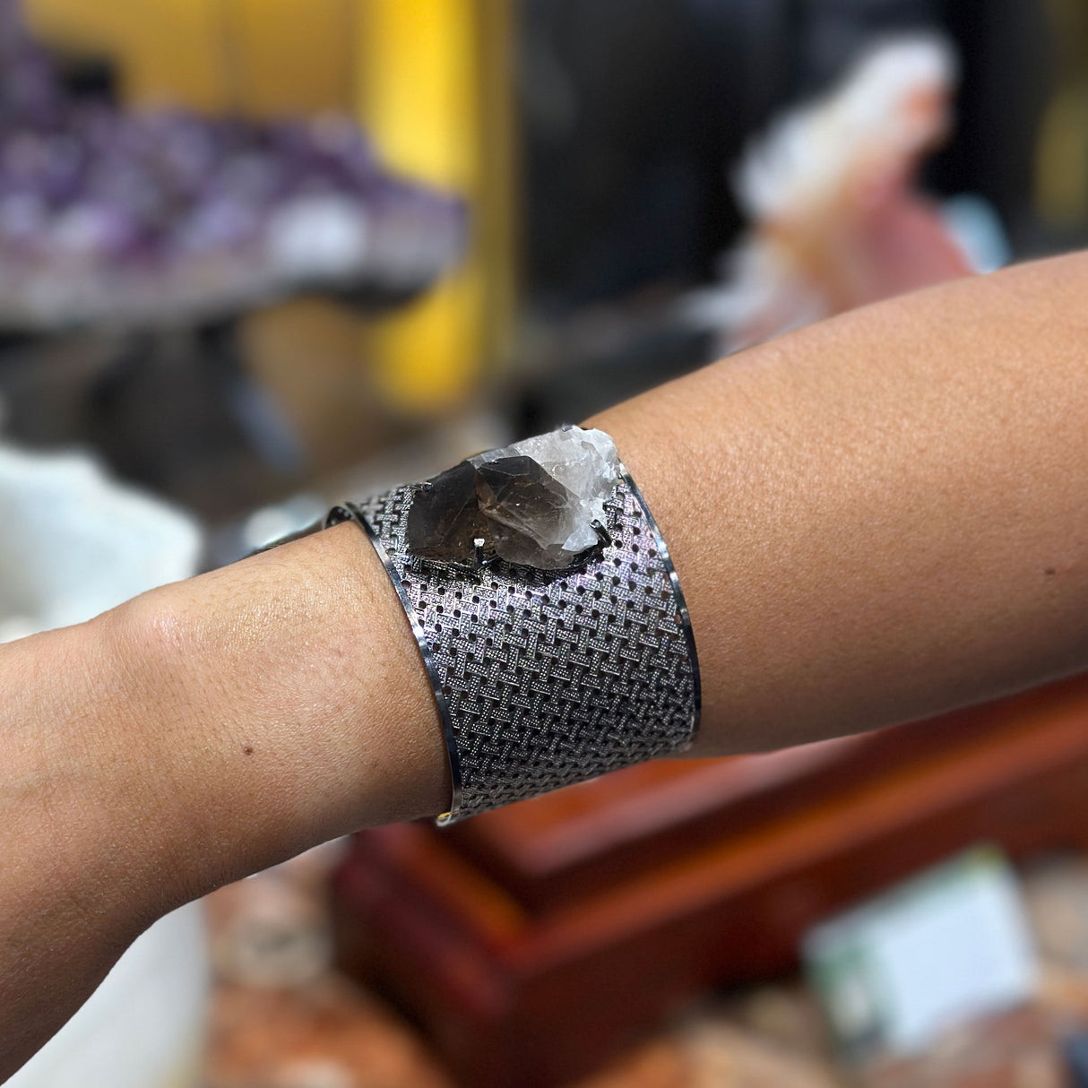 Smoky Quartz Cluster Cuff Bracelet - Prong Set Ruthenium Plated Wide Band