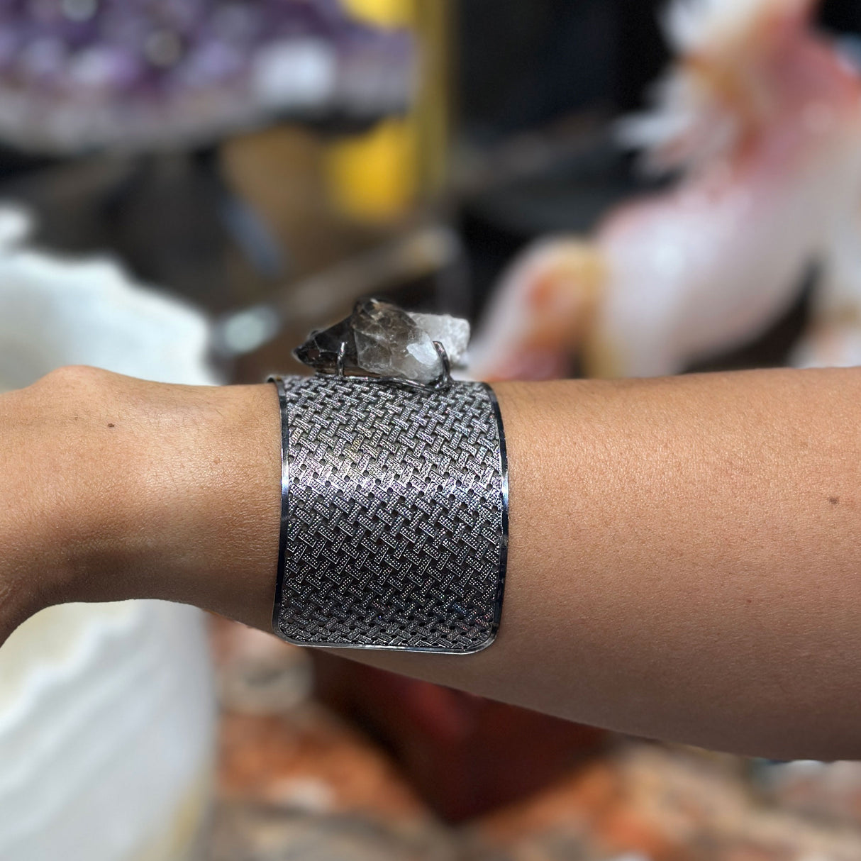 Smoky Quartz Cluster Cuff Bracelet - Prong Set Ruthenium Plated Wide Band