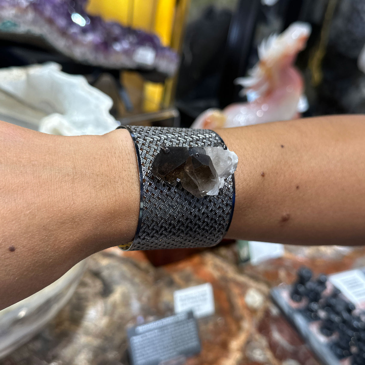 Smoky Quartz Cluster Cuff Bracelet - Prong Set Ruthenium Plated Wide Band