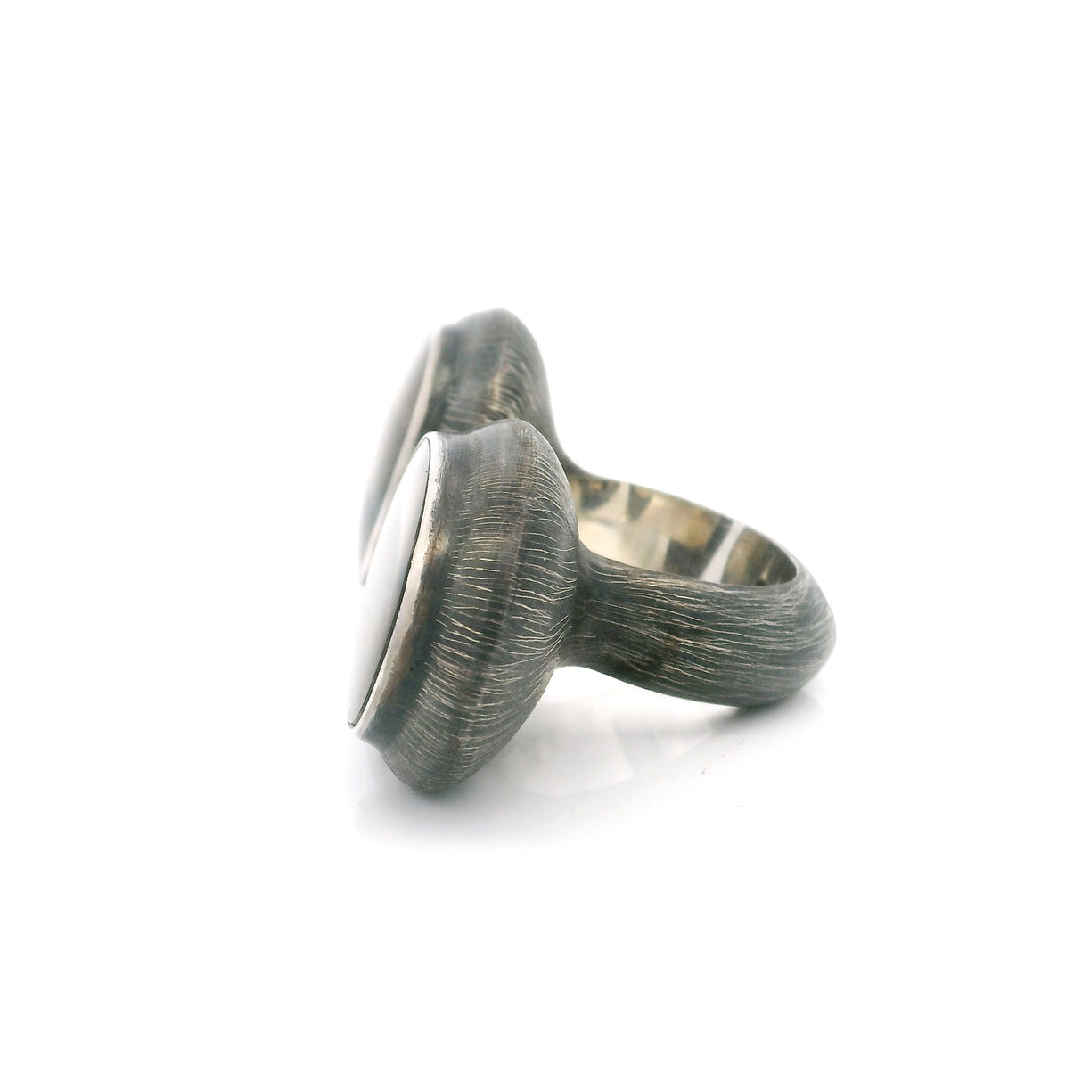 Smoky Quartz Ring with Oval & Pear Duo Bezel Set Set East-West on Oxidized 925 Sterling Silver Design - Double Trouble-