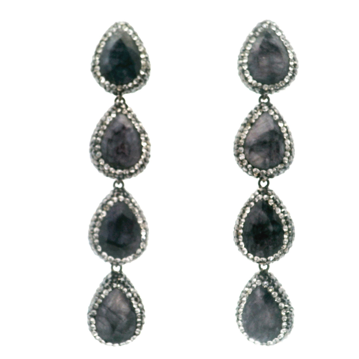 Blue Sapphire Earrings - 4 Pears In Marcasite & Silver